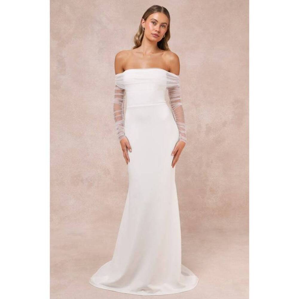 Lulus Beautifully Beloved White Mesh Off-the-shoulder Maxi Dress - Size M - NEW!